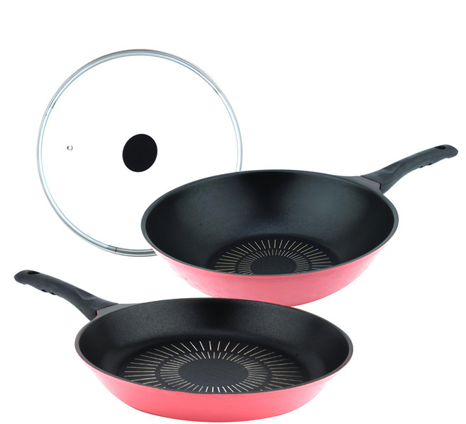 Kitchen-Art 鑽石不沾鍋 3件組 28cm, 28 公分平底鍋 + 炒鍋 + 玻璃鍋蓋, 粉色, 1組