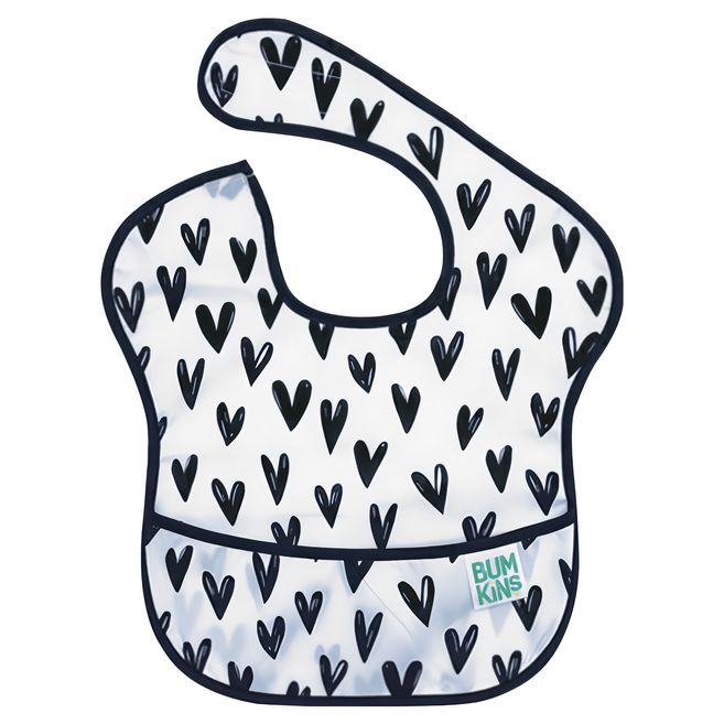 BUMKiNs SUPER BIB 防水圍兜 黑白愛心款 6-24個月適用 25x33公分, 1個, 1個