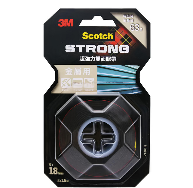 3M Scotch 超強力雙面膠帶 金屬用 V1801N 18mm x 1.5m, 紅色, 1捲