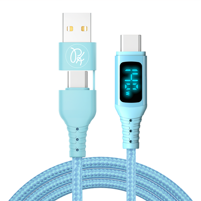 PICKOGEN 皮克全 VAW數顯 QC4.0 140W 二合一 雙 Type-C/USB-A-Type-C PD 神速快充傳輸線, 1.8m, 藍色, 1條