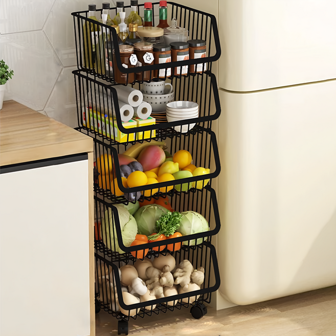 德利生活 蔬果收納籃 5層 帶輪子 360°旋轉, 1個, 黑色