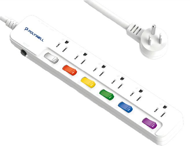 POLYWELL 寶利威爾 6切6座電源延長線 3孔 PW15-T05-A035, 12尺, 白色, 1條