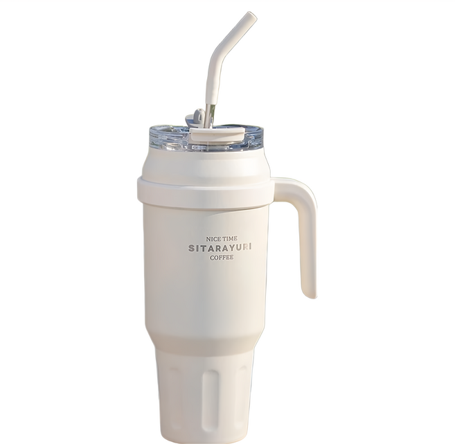 Sitarayuri 不鏽鋼吸管保溫把手杯 1.48L 304不鏽鋼材質, 白色, 1個