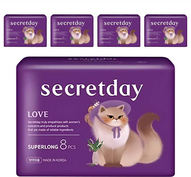 secretday 韓國原裝進口 Love系列 蝶翼衛生棉, 夜用加長型(43cm), 8片, 5包