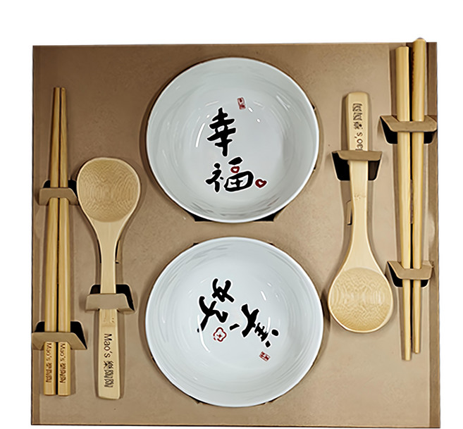Mao's樂陶陶 日日祝福 雙碗湯筷禮盒組, 2個小碗 + 2組筷子 + 2支湯匙, 原木色 + 白色, 1盒