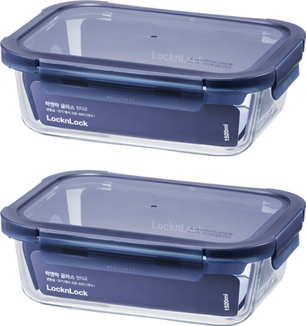 LocknLock 樂扣樂扣 Glass Indigo 耐熱玻璃長方形保鮮盒 海軍藍 1520ml, 2組, 容器 + 蓋子