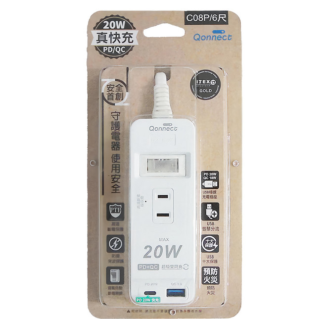 Qonnect 高溫斷電 PD+QC20W延長線 1開3插2P, 1.8m, 白色, 1條