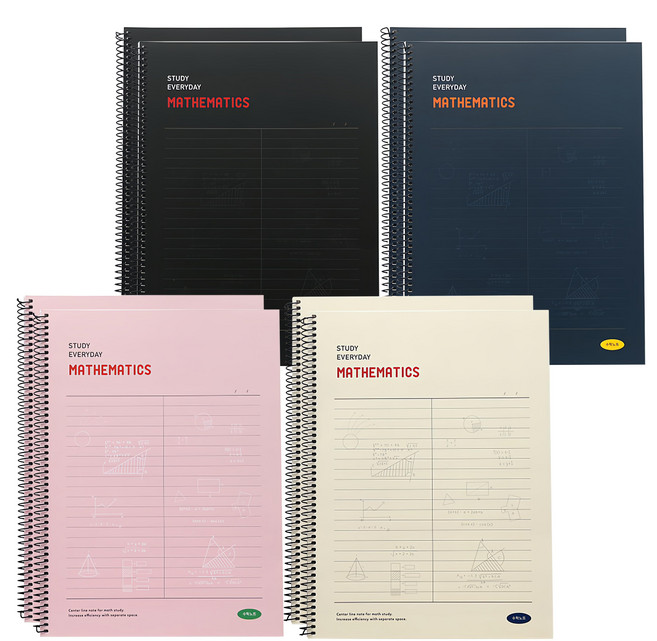 PINKFOOT 數學線圈筆記本 4件組 8mm行距 19x26cm, 黑色+深藍色+象牙白色+粉色, 2組
