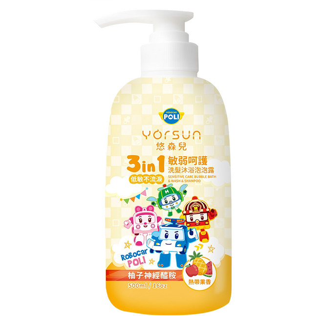 YOrSUn 悠森兒 Poli 波力 敏弱呵護3in1洗髮沐浴泡泡露 熱帶果香, 500ml, 1瓶