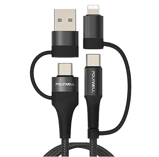 POLYWELL 寶利威爾 四合一PD編織快充線 USB-A+C+Lightning 適用安卓蘋果 PW15-W45-A273, 2m, 黑色, 1條