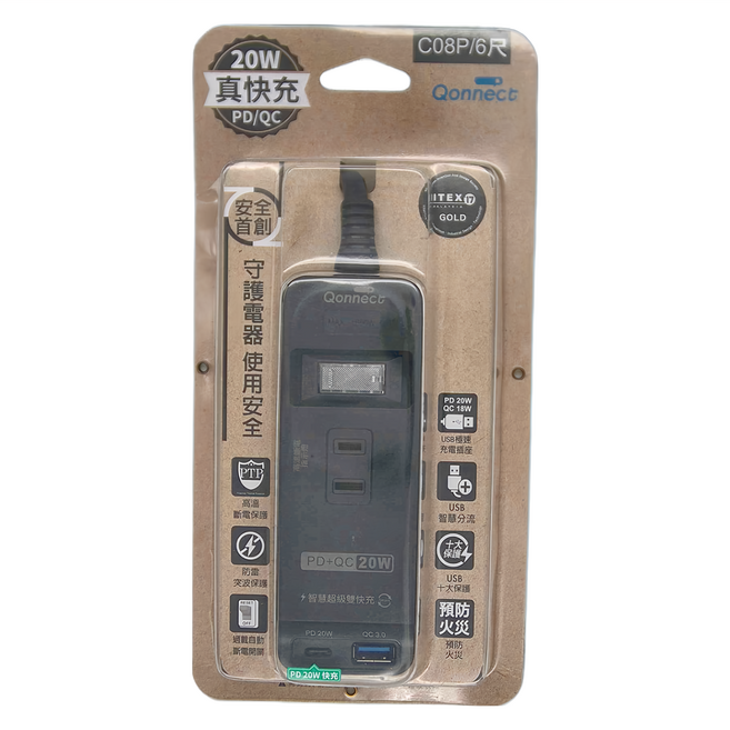 Qonnect 高溫斷電 PD + QC20W延長線 1開3插2P, 1.8m, 黑色, 1條