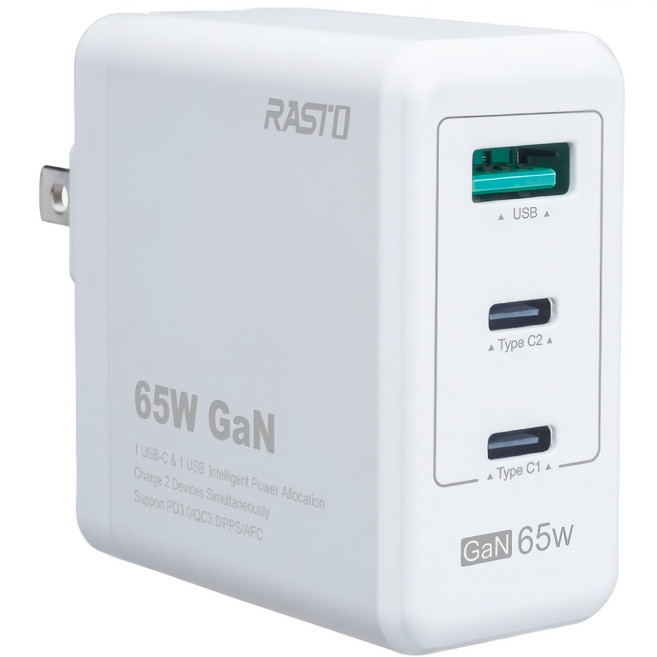 RASTO 65W GaN氮化鎵 PD + QC3.0三孔高效能快速充電器, RB28, 白色, 1個