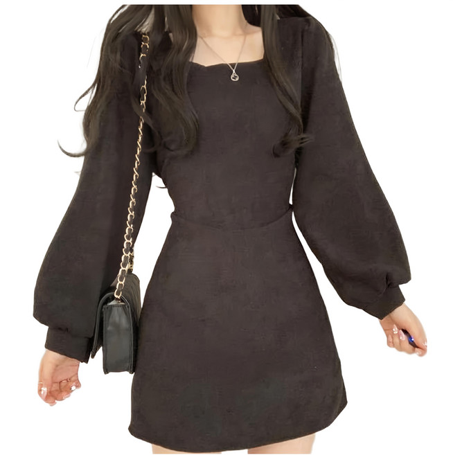 方領收腰顯瘦後綁帶長袖洋裝