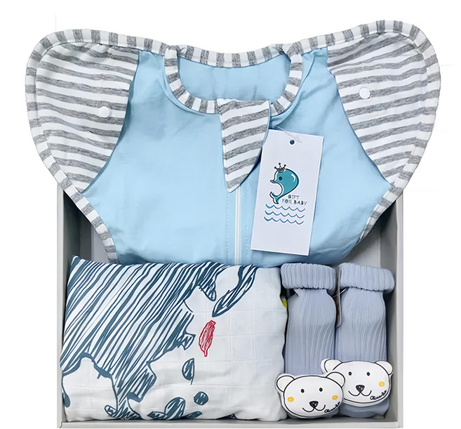 Kori Deer 可莉鹿 嬰兒禮盒組 彈力棉質嬰兒蝴蝶型包巾 + 寶寶襪 + 紗布包巾 L 開袖, 淺藍, 1組