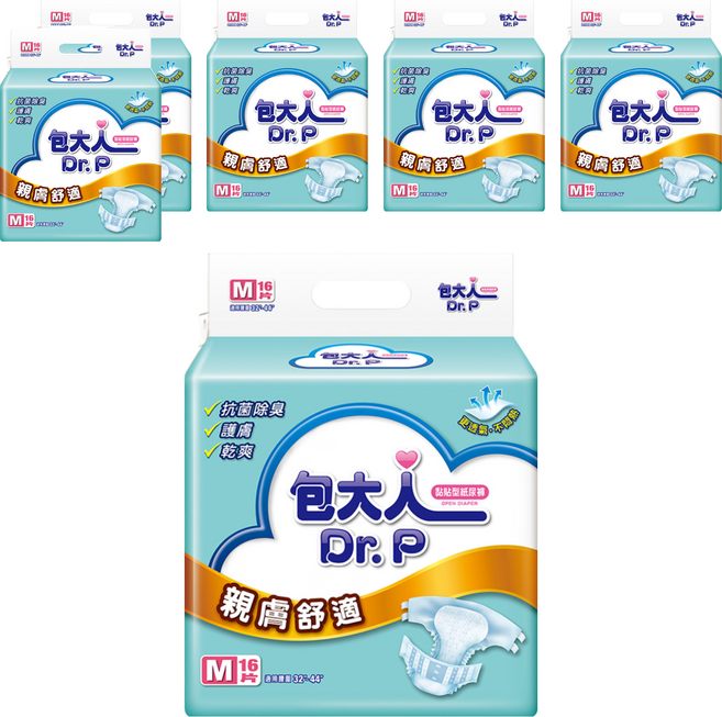 Dr.P 包大人 親膚舒適 成人黏貼型紙尿褲, M(腰圍32~44吋), 16片, 6包