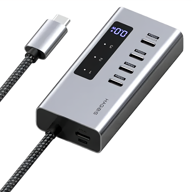 HAGiBiS 海備思 鋁合金四合一數位顯示Type-C擴充器 PD 30W USB-C 10Gbps, 銀色 + 黑色, 1個