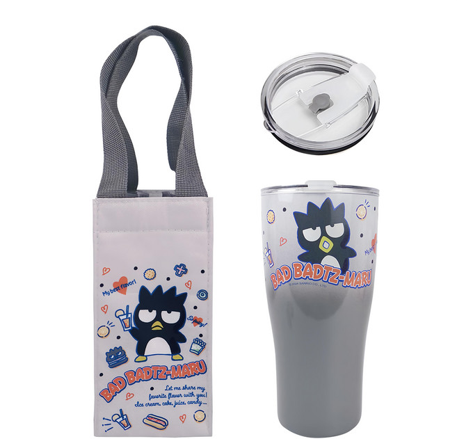 Sanrio 三麗鷗 酷企鵝 曲線杯保溫提袋組, 灰色, 900ml, 1組