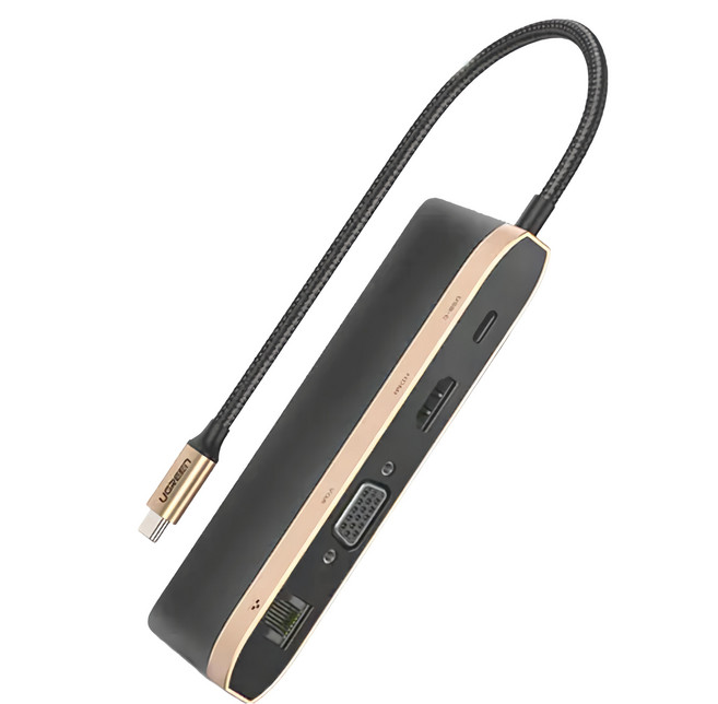 UGREEN 綠聯 九合一USB-C集線器 4K HDMI VGA USB3.0 SD TF PD充電 GigaLAN網路卡, 黑色 + 金色, 1個