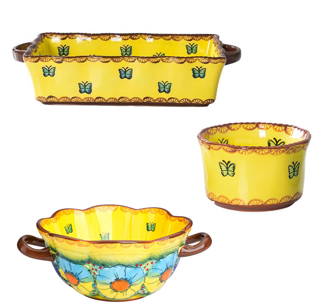 歐陸瓷具 手工彩繪波蘭風雙耳大烤盤+烤盅Set, C款 琉璃黃, 1組