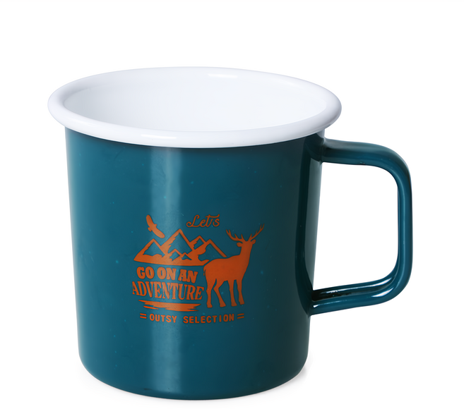 OUTSY 高山水鹿琺瑯杯 390ml 抗酸抗鹼 導熱效率好 保溫保冰效果佳 圓潤收邊不刮嘴 易於清洗, 藍綠色, 1個