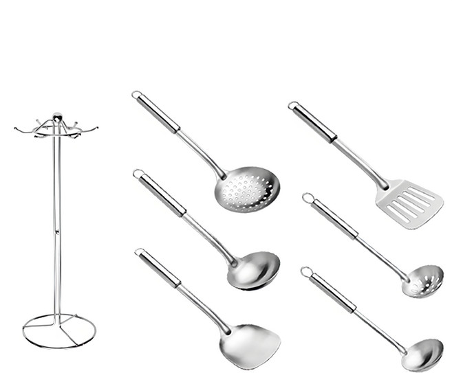 YUNMI 加長防燙不鏽鋼家宴廚具7件套組, 1組, 不鏽鋼, 鍋鏟 + 煎鏟 + 漏勺 + 湯勺 + 小漏勺 + 小湯勺 + 收納架