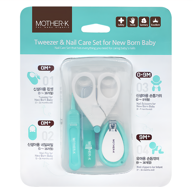 MOTHER-K 嬰幼兒安全指甲護理 4件組 新生兒適用, 薄荷綠色+白色, 1組