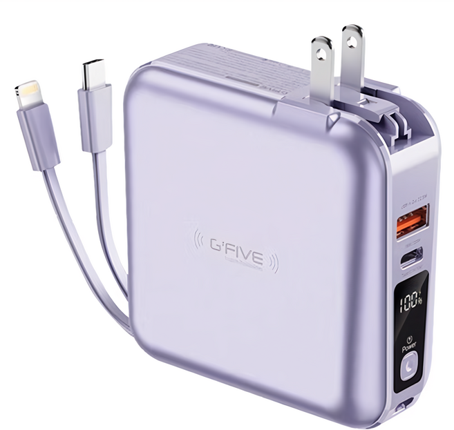 G'FIVE 基伍 22.5W五合一自帶線行動電源 10000mAh Lightning + Type-C + USB-A, GP-W10S, 紫色