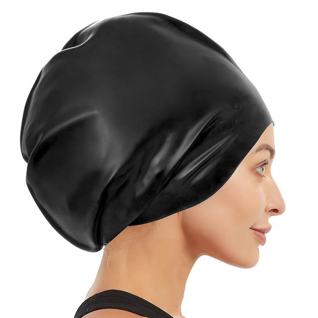 AHOYE 長髮專用加大100%全矽膠泳帽, 黑色, 1個