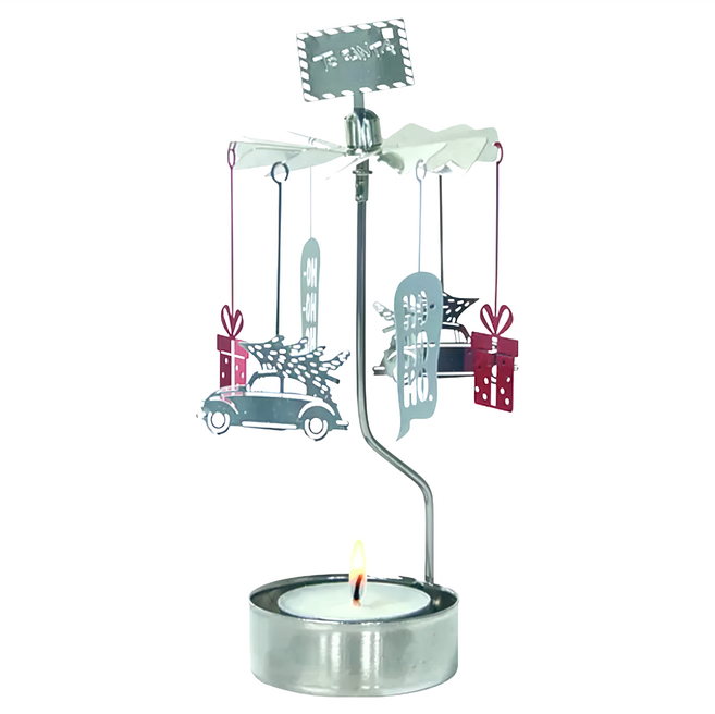 PLUTO DESIGN 小型旋轉燭座 附蠟燭, 聖誕禮物 銀色 + 紅色