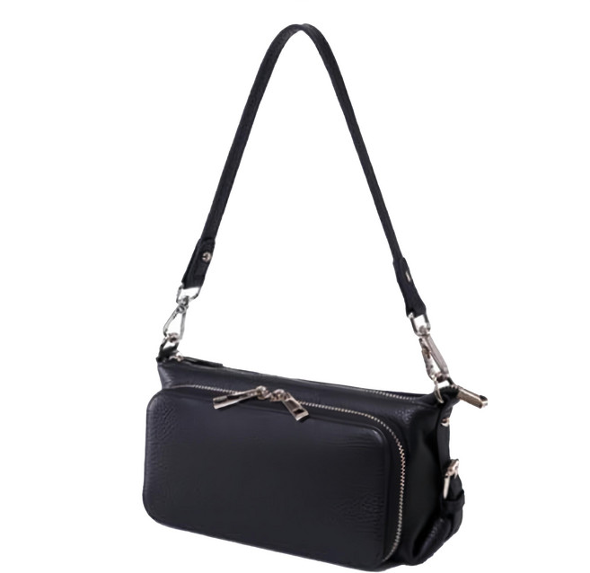 真皮頭層牛皮雙層 女士肩背包, 黑色