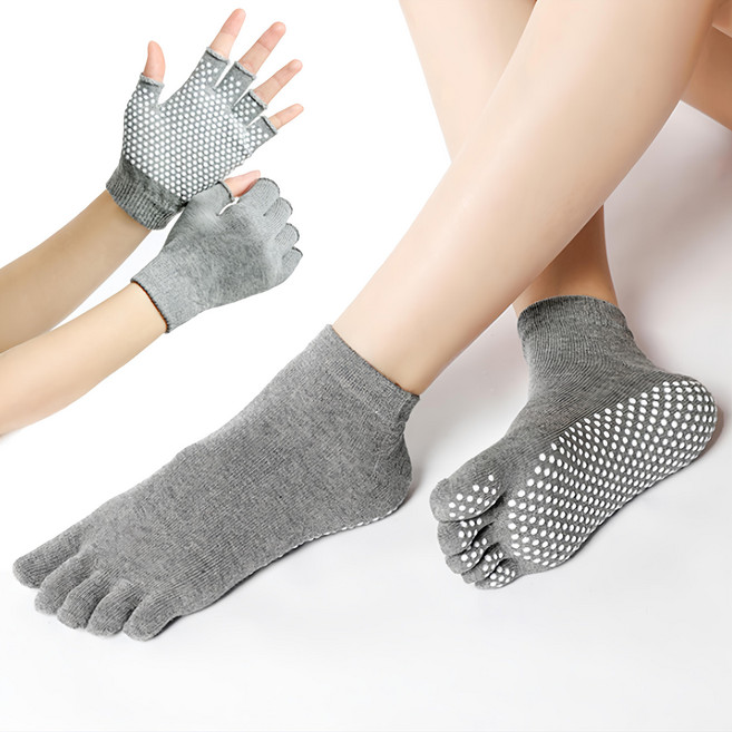 PORA BELLA 瑜珈手套普拉提襪健身套組 YS001, 全指灰色, 1組