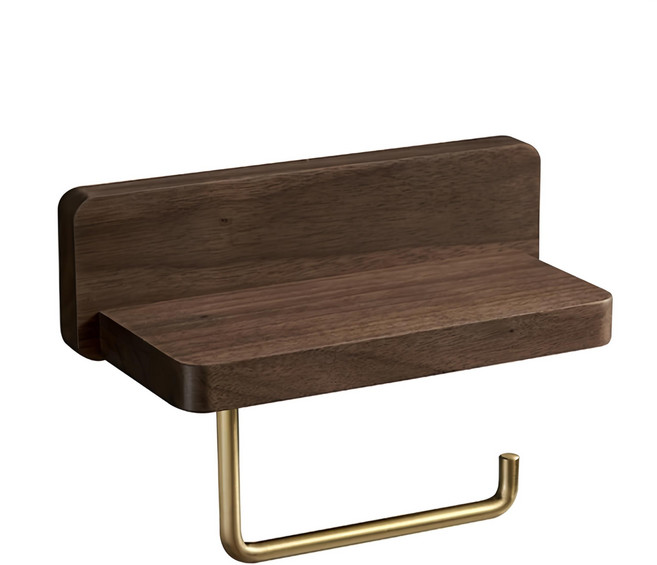 KOTI日安生活 實木黃銅無痕免釘膠免打孔壁掛式捲筒衛生紙架 短款 - 黑胡桃木, 1個