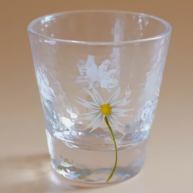沐慕家居 杯底加厚隔熱玻璃杯 矮款 8 x 9.5cm, 手繪小雛菊, 1組
