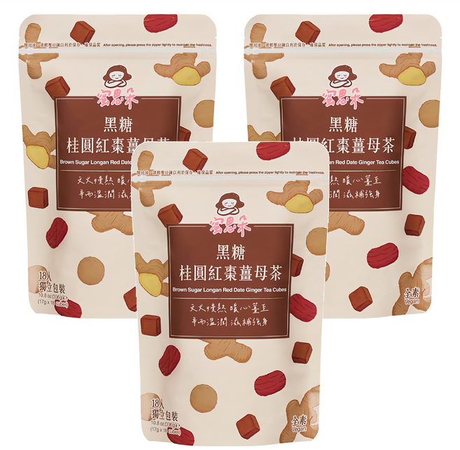 Medolly 蜜思朵 黑糖桂圓紅棗薑母茶 獨立包裝茶磚, 17g, 18顆, 3袋