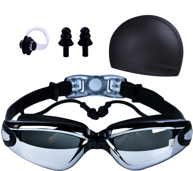 화이트리버 미러코팅 수경 수영모 귀마개 성인용, 블랙