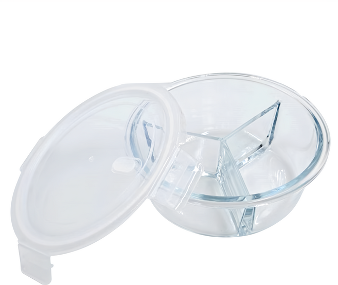 圓形三格玻璃保鮮盒/便當盒 高硼硅耐熱玻璃材質 適用於微波爐/烤箱/電鍋 密封防漏, 透明色, 1個