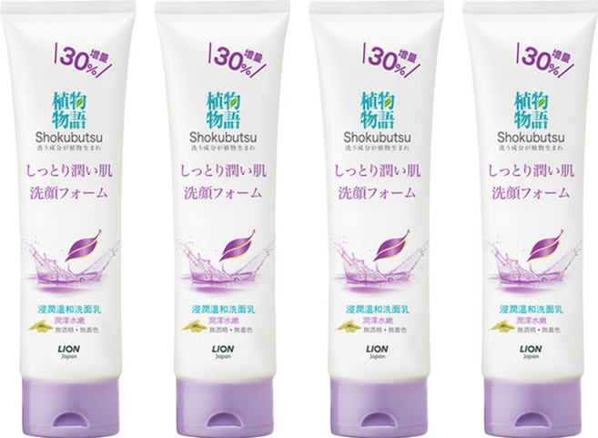 LION 獅王 植物物語 浸潤溫和洗面乳 添加燕麥仁、桑樹皮、麥芽萃取 無酒精 無著色 溫和保濕, 130g, 4條
