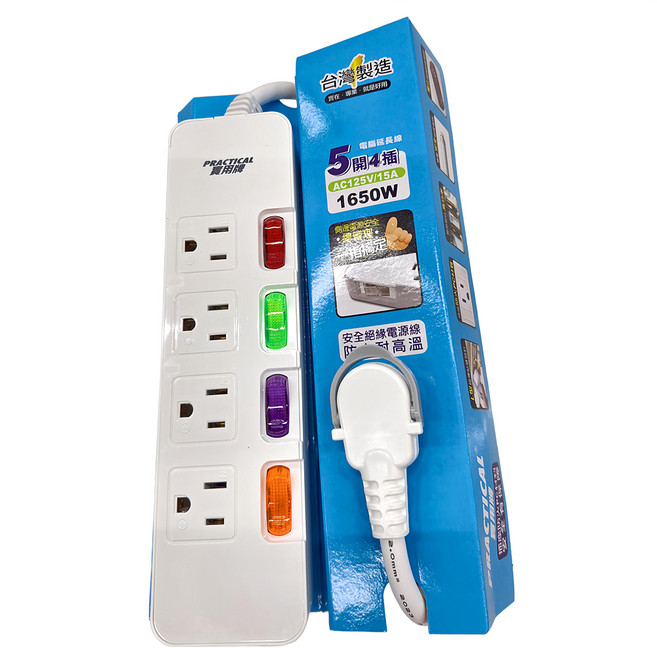 PRACTICAL 實用牌 延長線 5開4插 3孔, 顏色隨機, 2.7m, 1個