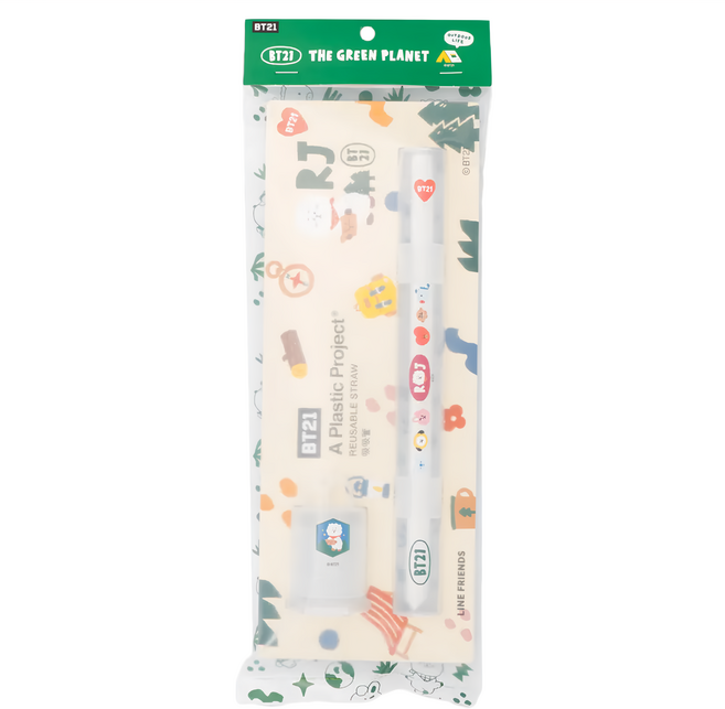 A Plastic Project BT21 吸吸管 粗吸管直徑12mm 4g + 細吸管直徑9mm 3g + 捲捲罐 4 x7cm + 掛鉤 + 收納管 26cm 24cm RJ, 1組