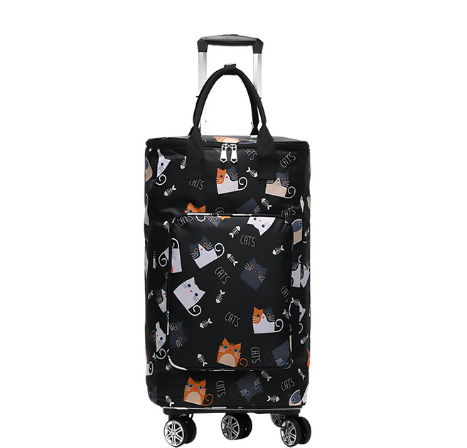 可折疊伸縮拉桿萬向5輪行李購物車, 黑底貓, 1個