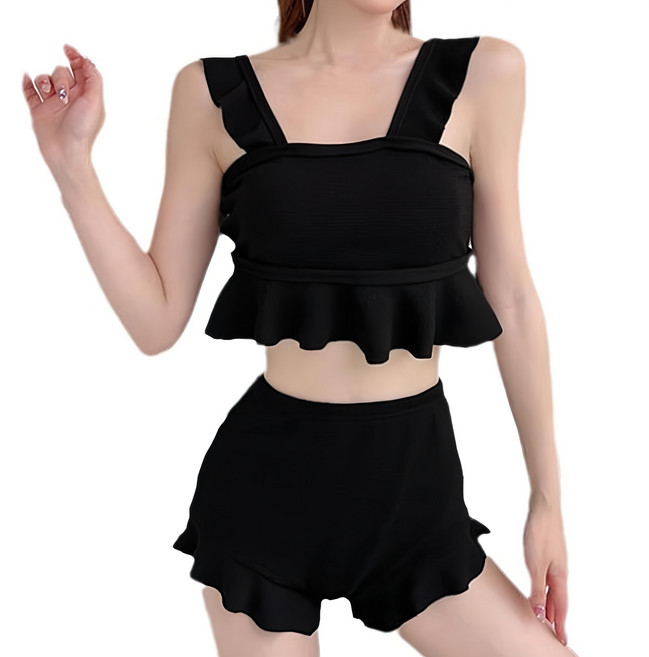 女生荷葉邊泳衣 荷葉邊無袖分體, 黑色