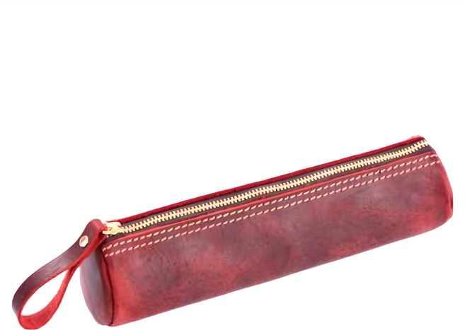 真皮頭層瘋馬牛皮圓筒筆袋收納袋 - 瘋馬酒紅 化妝包 工具包, 1個