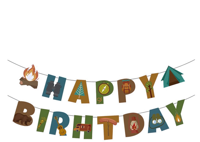 露營風生日拉旗, 1組, 多色