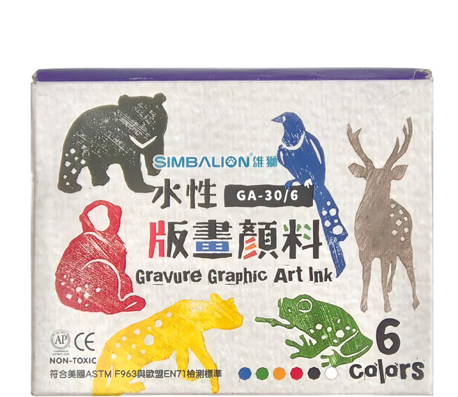 SIMBALION 雄獅 水性版畫顏料6色組 GA-30/6 紅色 + 黃色 + 白色 + 綠色 + 藍色 + 黑色 每色30mL, 30ml, 6色