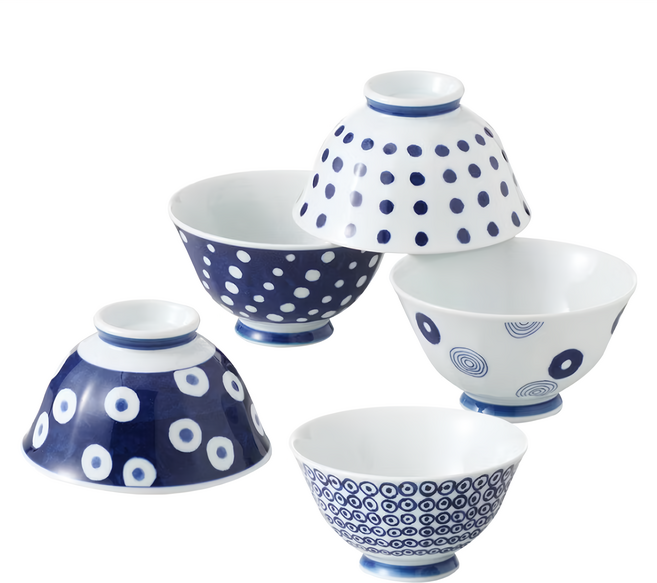 Saikai 西海陶器 波佐見燒 藍丸紋 輕量飯碗五件組, 藍色 + 白色, 1盒