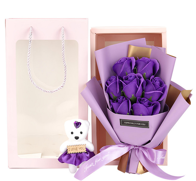 Mini嚴選 仿真7朵玫瑰小熊花束 附禮袋, 深紫色玫瑰, 1組