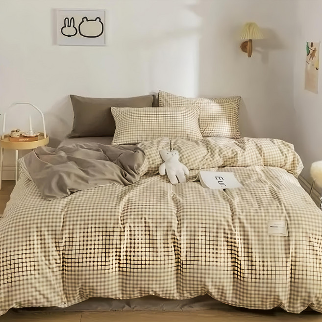沐慕家居加厚兩用奶茶格子床包組 三件套