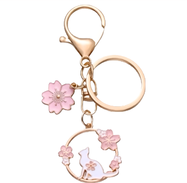 Petite rosee 櫻花貓咪奢華金屬包包鑰匙圈配件掛吊飾 50g, 櫻花貓咪 粉紅色, 1個