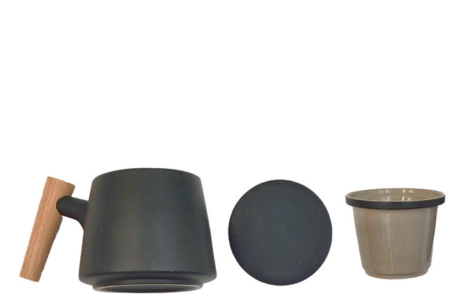 AWANA 三件式木柄陶瓷馬克杯 320ml, 黑色, 1個