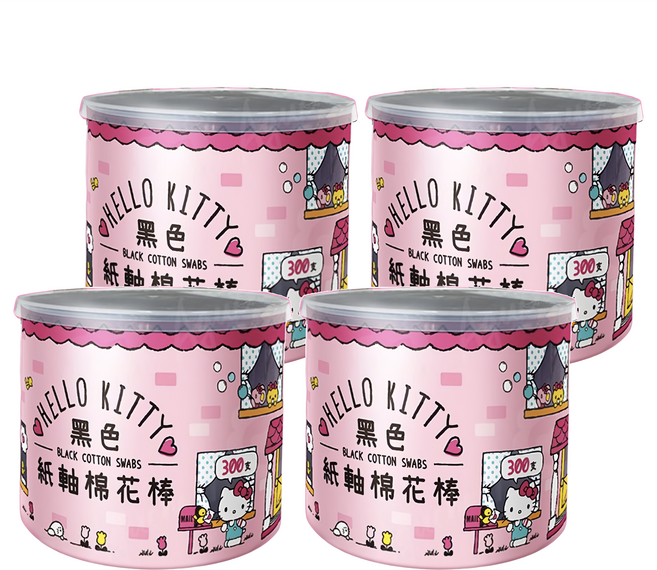 Aguchi 亞古奇 Hello Kitty 黑色紙軸棉花棒 300支, 4罐